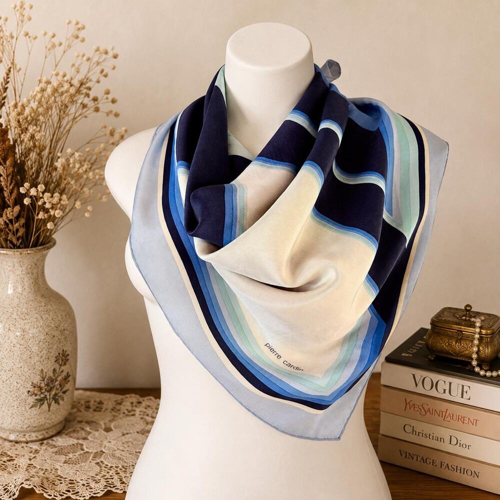 Vintage Pierre Cardin Silk Scarf 30” Navy Blue Geometric Op Art 1970s Designer